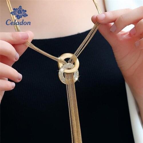 High Quallity Fashion Simple Shiny Gold Silver Color Round Circle Long Tassel Chain Necklaces for Women Sweater Accessories