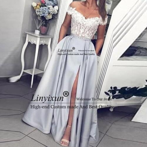 Off The Shoulder Long Prom Dresses Lace Vintage Sweetheart Formal Evening Gown With Pockets High Slit Prom Dress For Women