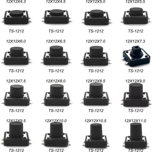 10PCS 12X12 H=4.3/4.5/5/5.5/6/7/8~17MM 4PIN SMT Momentary Tactile Tact switch Push Button Switch BLACK