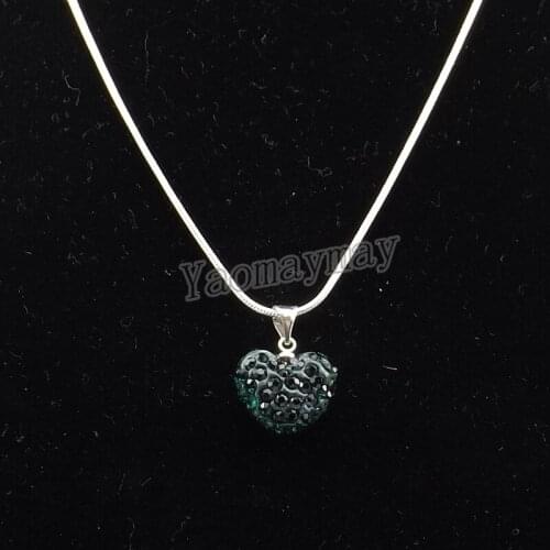 10pcs/Lot Dark Green Love Heart Rhinestone Charm Silver Plated Necklace Girls Present Free Shipping