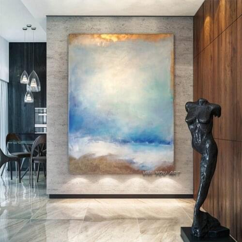 100% Handmade Abstract Blue Sky Luxury Golden Fashion Oil Painting for Living Room Modern Painting wall decor picture art Gift