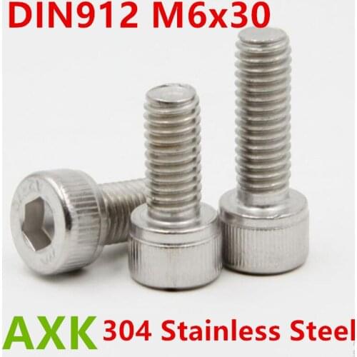 30pcs/lot Metric Thread Din912 M6x30 Mm M6*30 Mm 304 Stainless Steel Hex Socket Head Cap Screw Bolts