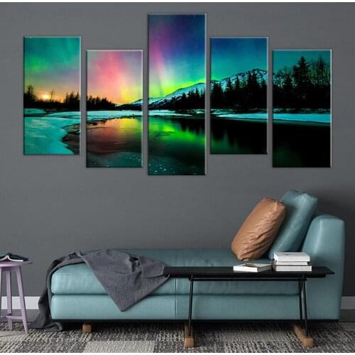HD Printed 5 piece canvas wall art aurora lake mountain landscape Painting living room decoration poster frame