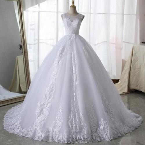 Pure White Lace Wedding Dress With Train Sleeveless Bridal Dress Back Zipper Ball Gown Luxury Vestido De Noiva Robe De Mariee