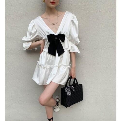 White Puff Sleeve Kawaii Dress 2021 Summer Bow V-Neck V-Back Cute Korean A-Line Mini Dress