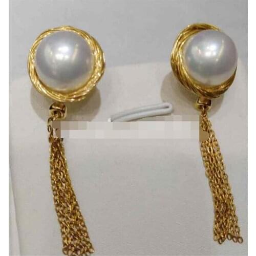 >>>>noble jewelry 11-12mm white baroque South Sea Pearl earrings 14k gold tassel