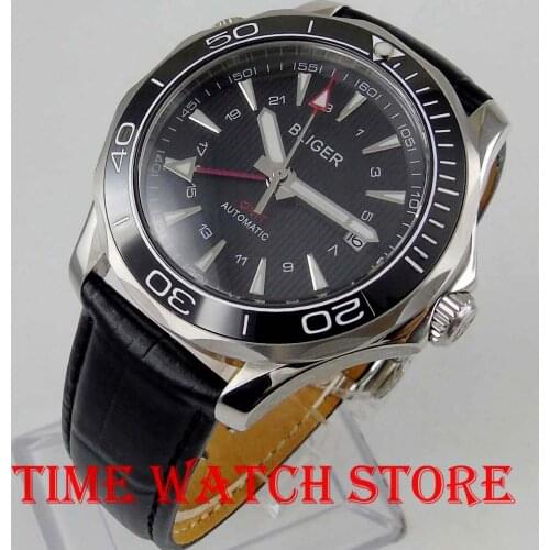 2019 New 41mm Bliger GMT Automatic watch men Luxury mechanical waterproof Black dial leather strap ceramic luminous 986