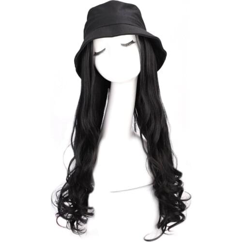 Long Wave 22inch Fisherman Hat Hair Wig Synthetic Hat Wigs Hair Naturally Connect Adjustable Hat Wig for Women Dress up