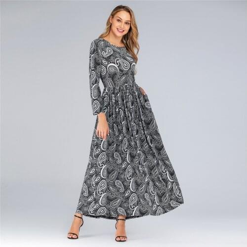 Donsignet Woamn Dress Plus Size Spring/Autumn Womens Round Neck Long Sleeve Slim Dress Print A-Line Ankle-Length Long Dress