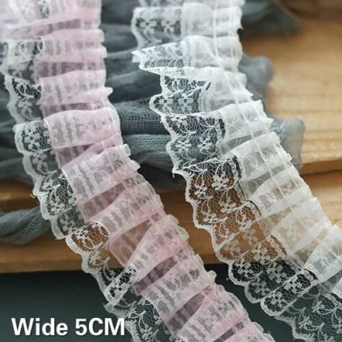 5CM Wide Double Layers White Pink Chiffon Fabric 3d Pleated Guipure Lace Ruffle Trim Mesh Embroidered Ribbon Dress Fringe Decor
