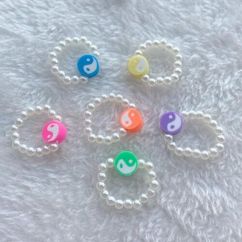 90s Aesthetic Rainbow Color Yin Yang Rings For Women Pearl Bead Vintage Harajuku Rings Charms Jewelry Aesthetic Gifts New 2021