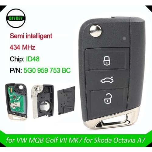 DIYKEY OEM Flip Remote Key Fob 434MHz ID48 Chip for Volkswagen MQB Golf VII MK7,Skoda Octavia A7 2017 P/N: 5G0959753BC