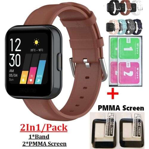 20mm Leather Bracelet Wrist Band Strap for Realme watch Replacement Watchband for Realme watch Screen Tempered Glass Protector