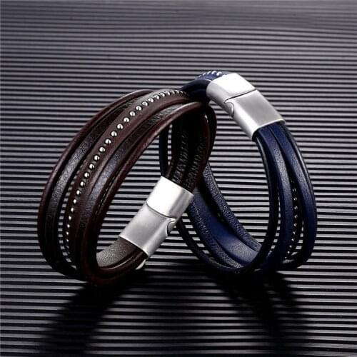Hot Selling European and American Titanium Steel Mens Multi-Layer Leather Bracelet Cool Magnetic Suction Buckle Bracelet