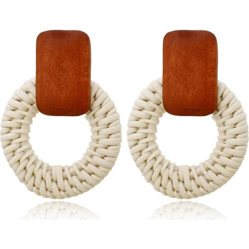 Fashion Hand-Made Woven Wooden Rattan Earrings Geometric Circle Dangle Earring For Women Chic Jewelry