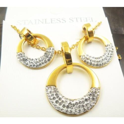 Top Quality 316l Stainless Steel Bridal Necklace Wedding necklace set Circle Rhinestone earring For Party Gift