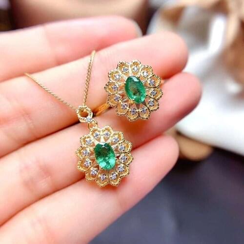 Natural Sapphire /Ruby/Emerald S925Silver Flower Type Rings Pendants Necklace Set Fine Fashion Jewelry for Women Free Shipping