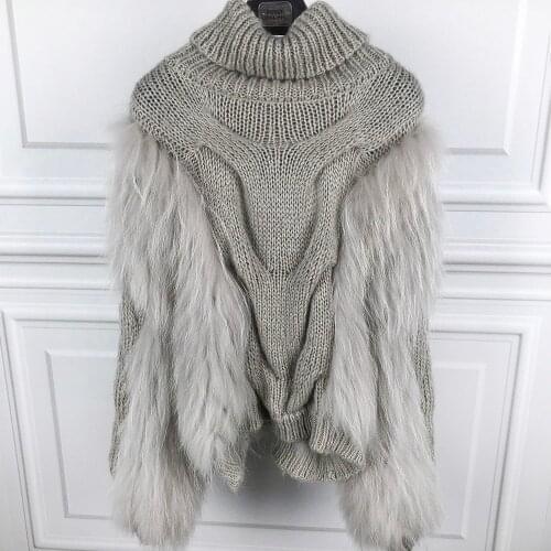 YOLOAgain 2021 Autumn New Oversized Women Stand Collar Sweater Jumpers With Real Raccoon Fur