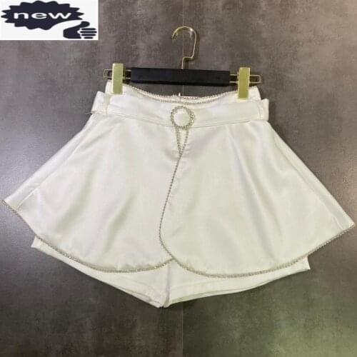 Summer New Women Bling Diamonds Petal Skirts Casual Ladies Belted Slim Fit Wide Leg Shorts White Short Trousers