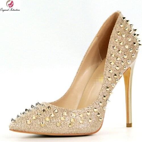 Original Intention Popular All Rivets Pumps Woman White Gold Purple Pointed Toe Stiletto High Heels Sexy Party Shoes Frmale
