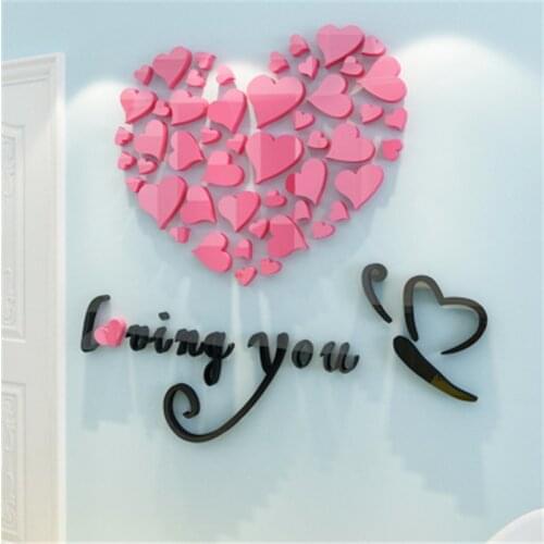 Romantic Pink love 3d crystal acrylic wall stickers living room bedroom heart-shaped painting Wedding decoration DIY Art Sticker