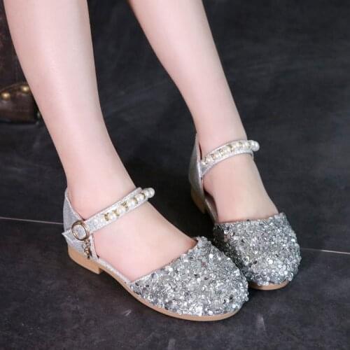 1 2 3 4 5 6 7 8 9 10 12 Years Flower Children Little Girl Summer Sandals Shoes For Girls Gold Silver Beading Sequins Dance Shoes