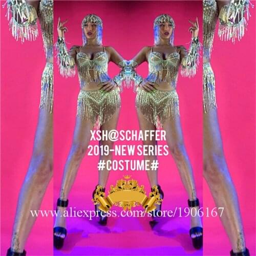 Sexy lady silver flash tassel performance bikini suit bra headdress feather fan ballroom costume girl Broadway retro clothes