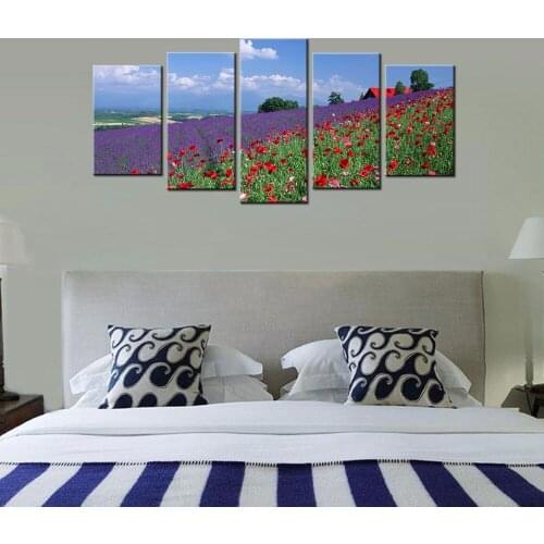 Modern Lavender and Red Poppies Artwork HD Landscape Art Set Abstract Flowers Scenery Pictures to Photo Painting on Canvas