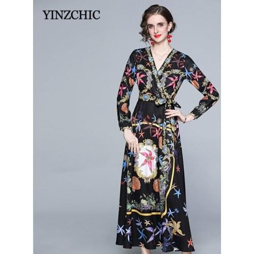 Spring New Woman Long Dress V-neck Ladies Elegant Slim A-line Skirts Female Vintage Printed Sash Waisted Skirt Dress Party