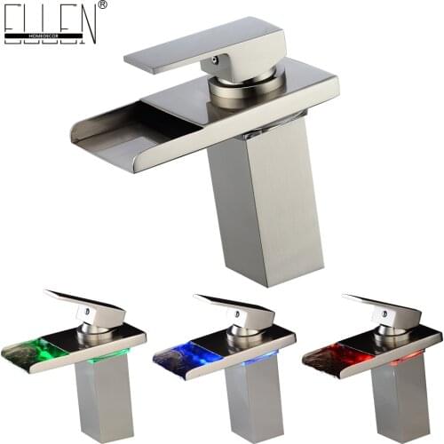Vidric Deck Mounted LED Waterfall Basin Faucets Water Temperature Brushed Nickel Hot and Cold Bathroom Sink Water Tap Mixer ELF