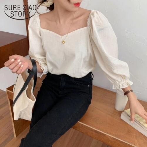 Korean Chic Blouse Women Sexy Square Collar Puff Sleeve Ladies' Blusa White Shirts Spring 2020 Fashion Casual Female Tops 10165