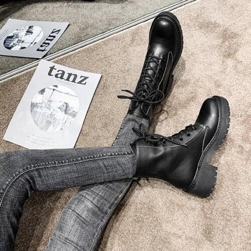 Women Punk Lace Up Ankle Boots 2021 Autumn Winter Woman Zip Mid Heels Ladies Cool Comfort Shoes Female Waterproof Footwear