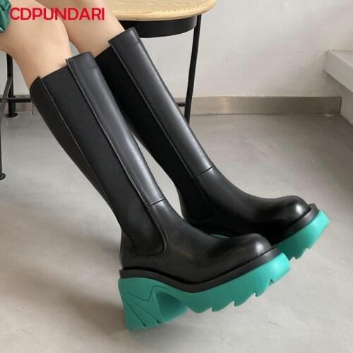 Ladies Genuine Leather High heels Platform Calf Boots Women Autumn Winter Chunky Chelsea Long Boots Shoes Bottes Plateforme Femm
