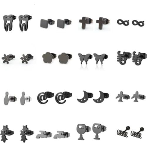 1Pair Hiphop Black Stainless Steel Earring Flower Moon Stars Animals Earrings Male Famale Kids Hiphop Ear Stud Halloween Jewelry