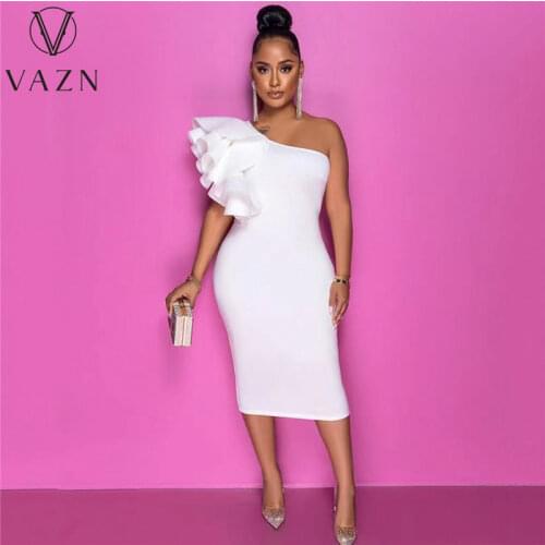 VAZN 2021 Autumn Free White Sexy Club Sweet Tank Sleeve One Off Shoulder Long Dress Women High Waist Thin Midi Dress