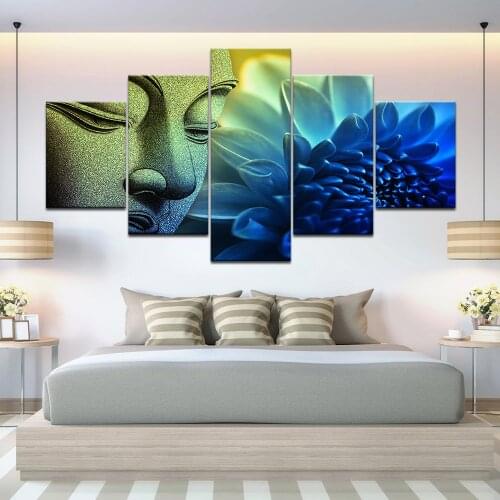 Wall art picture 5 pieces Buddha head portrait blue lotus painting poster canvas living room HD print home decoration frame