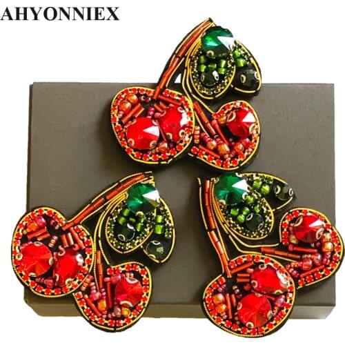 AHYONNIEX Cute Beads Red Cherry Patches Sew On Applique Cloth Stickers Patches for Clothing Beads Parch
