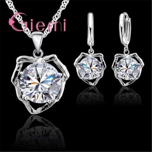 Top Sale Wedding Wholesale Jewelry Set Shiny Crystal Pendant 925 Sterling Silver Necklace Leaf Earrings 18inch Silver Chains