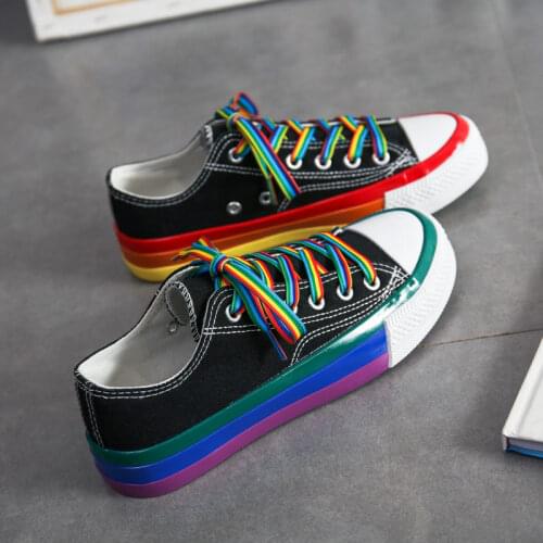 Korean Fashion Rainbow Canvas Women Shoes Spring Autumn Harajuku Ulzzang Low-cut Students All-match Flat Non-Slip Black Canvas