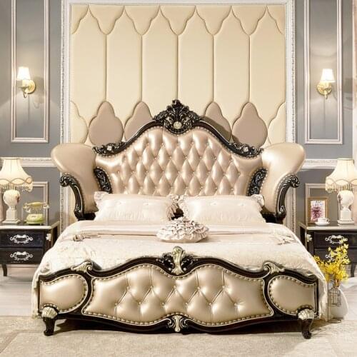 Baijia Huiou bed leather bed double bed 1.8 American solid wood bed black luxury bedroom king bed h88