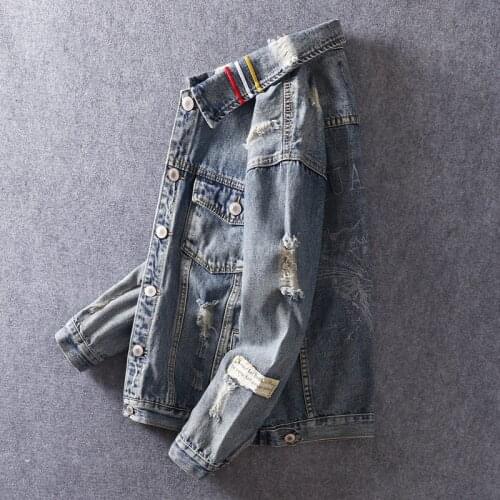 Streetwear Casual Cotton Punk Coats Embroidery Patch Designer Fashion Men Jackets Loose Fit Hip Hop Ripped Denim Jacket For Men
