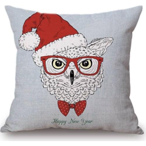 Cartoon Owl Bear Panda Wear Christmas Hat Square Pillow Case For Home Cotton Linen Xmas Decorative Throw Pillows Cover 45x45cm