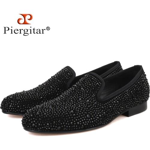 Piergitar 2019 New Suede Genuine Leather Mens Flats Men Black Crystal shoes men smoking slippers Prom and party male loafers