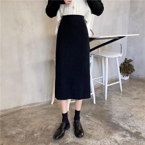 2021 Autumn Winter Womens Medium Length One-step Skirt A-line Pants Girls' Knitted Wool Skirt Leisure Commuting Black