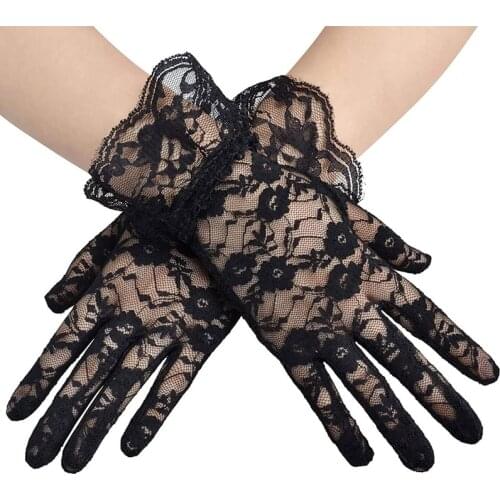 Women Vintage Sheer Short Lace Gloves Derby Tea Party Wrist Length Floral Gloves for Dinner Fancy Costume Accessories Gloves