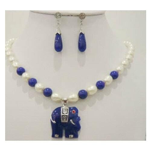 QW744 hite pearl blue elephant pendant necklace earrings^^^NEW style Fine jewe Noble Natural FREE SHIPPING