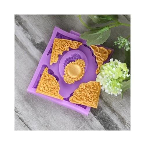 Retro embossed European decorative head surround frame fandont silicone wedding birthdaycake decoration mold