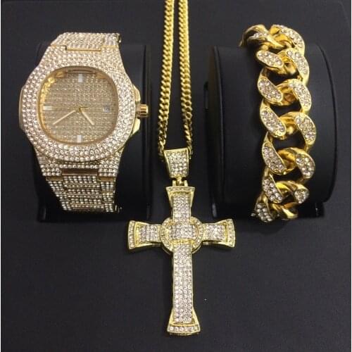 Luxury Men Gold Color Cross Necklace Men Watch & Bracelet & Necklace Combo Set Ice Out Cuban Pendant Crystal Miami For Men