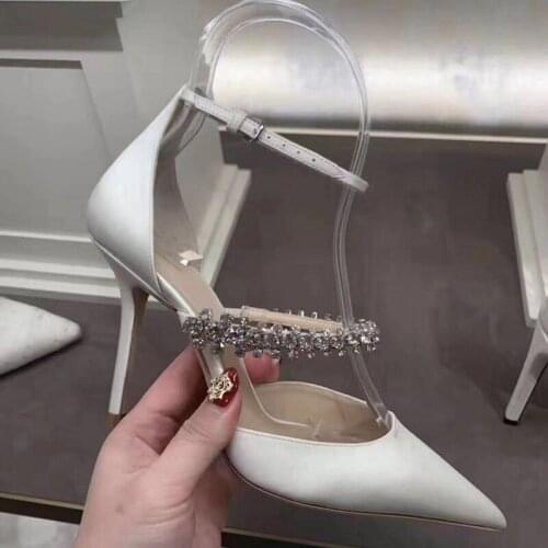 Sexy Women Bling Crystal Studs Strap Wedding Stilettos Women Pumps Ankle Strap Pointed toe Female Celebrity Single High heel