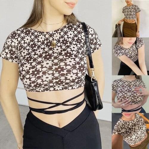 Floral Printed Short Sleeve Crop Top T Shirt Women Basic Brown Vintage T-Shirt Summer Ladies Fashion Tees Streetwear